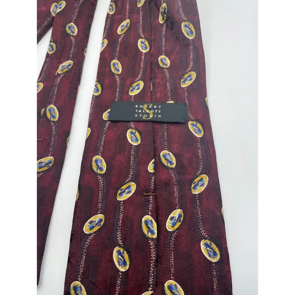 Robert Talbott Studio Mens Silk Tie Burgundy Blue Gold Medallion Hand Sewn USA